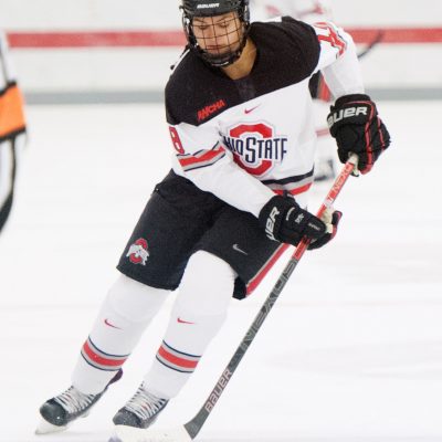 November 2, 2018: Ohio State Buckeyes defenseman Sophie Jaques (18) handles the puck against St. Cloud State in their game in Columbus, OH.